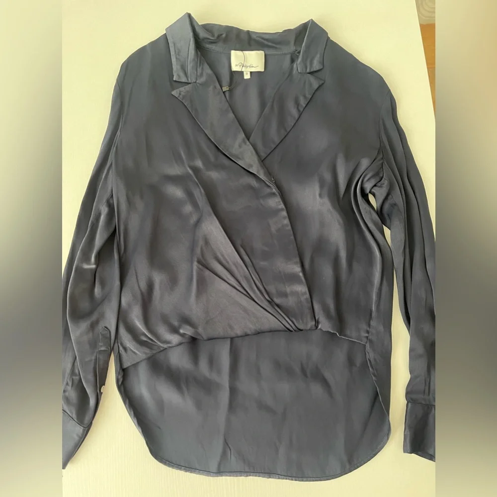 3.1 Phillip Lim Long Sleeve Navy Blue Wrap Blouse Sz 0 - Picture 6 of 16